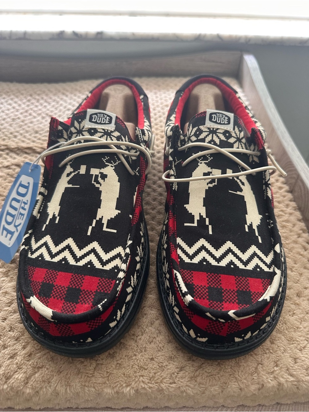 Hey Dude Black Red Reindeer Plaid Slip-Ons